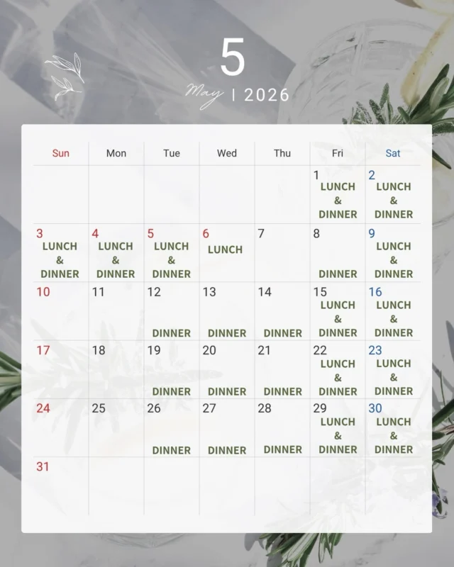 5月のゴールデンウィークは通常通り営業いたします。

例年、早い段階で満席となる日が多くございます🌷
ご来店をご予定のお客様は、お早めのご予約をおすすめいたします。

ご予約は
TableCheck／食べログ／一休／お電話 にて承っております。

皆さまのご来店を心よりお待ちしております。